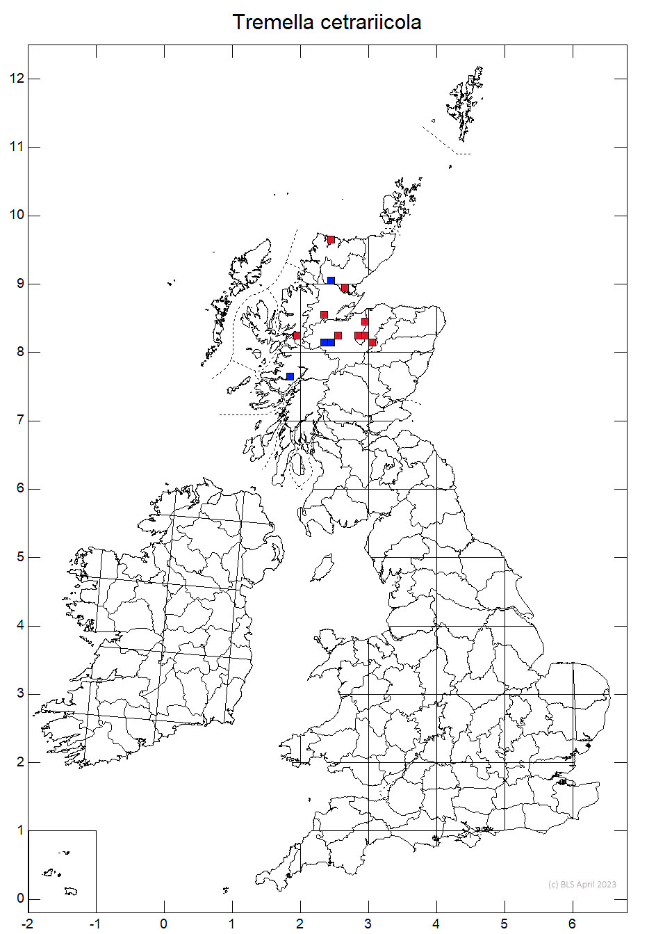 Tremella cetrariicola 10km sq distribution map