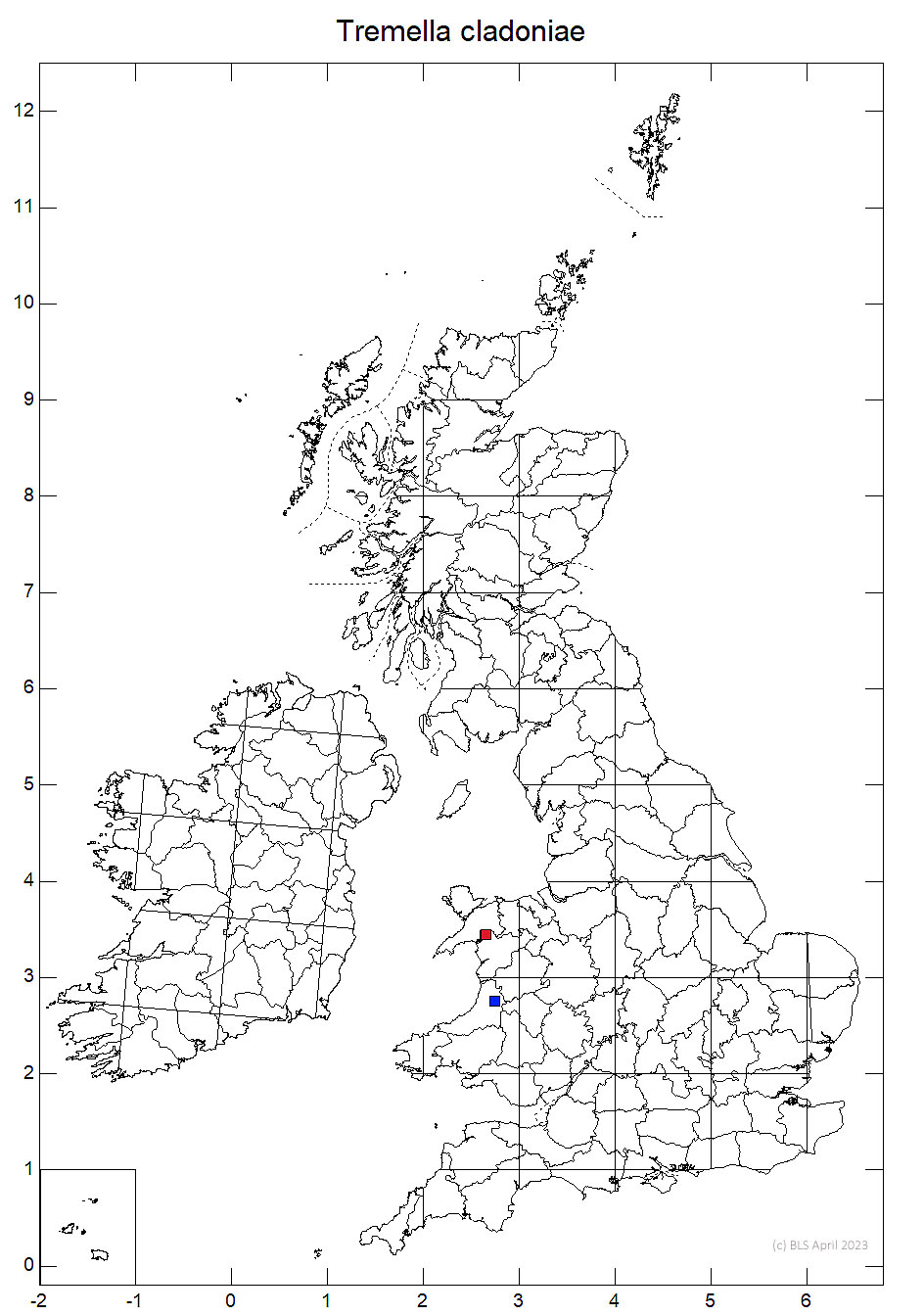 Tremella cladoniae 10km sq distribution map