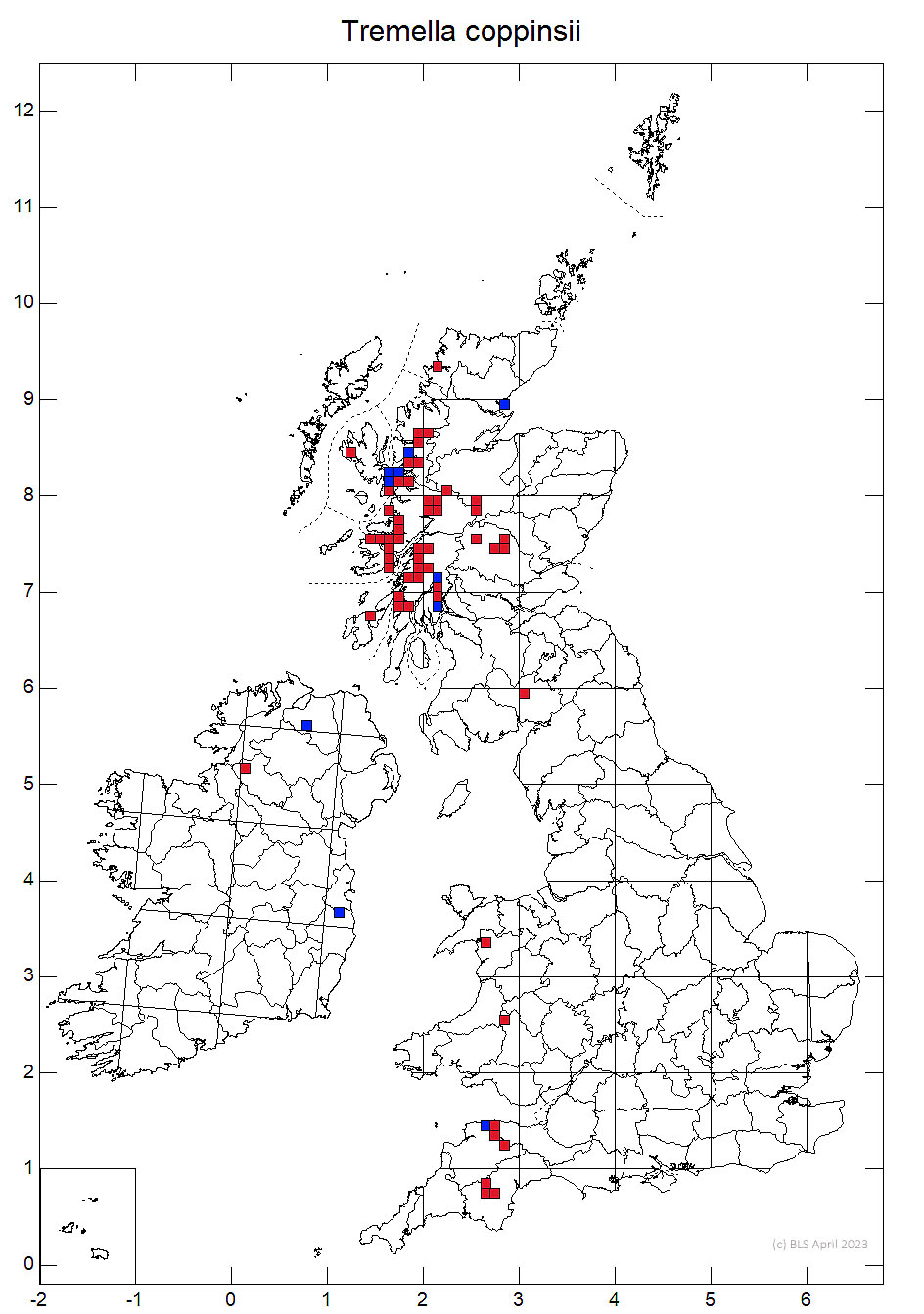 Tremella coppinsii 10km sq distribution map