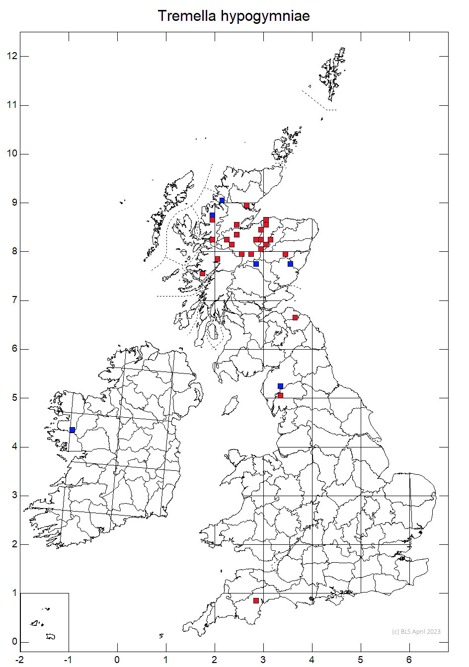 Tremella hypogymniae 10km sq distribution map