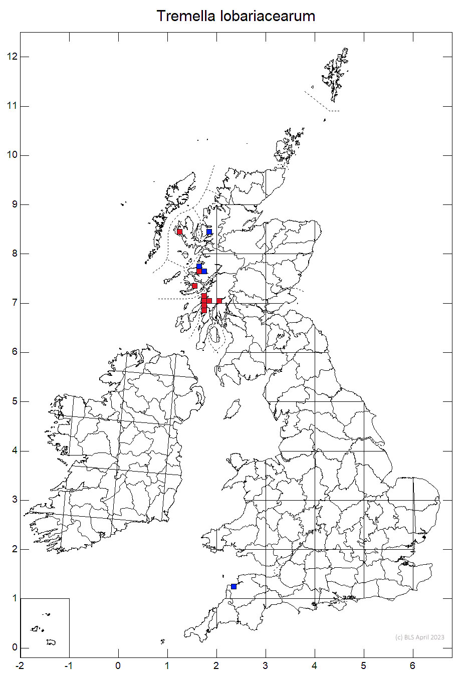Tremella lobariacearum 10km sq distribution map