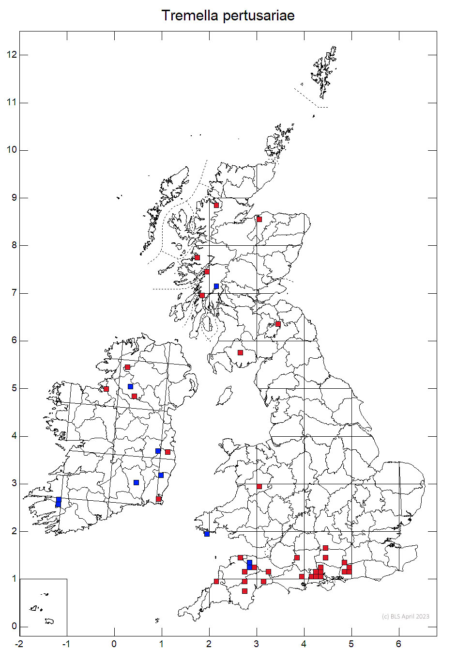 Tremella pertusariae 10km sq distribution map