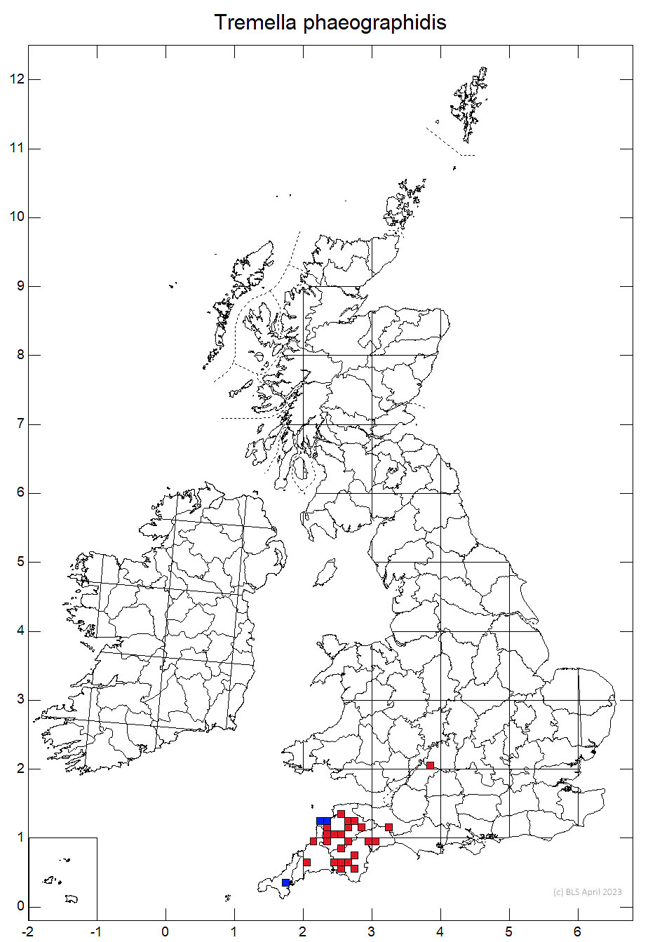 Tremella phaeographidis 10km sq distribution map