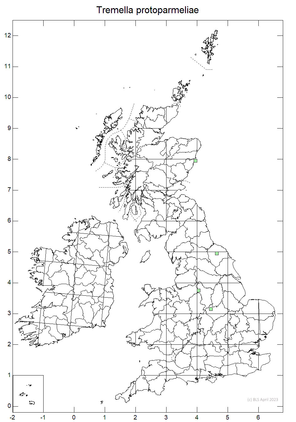 Tremella protoparmeliae 10km sq distribution map