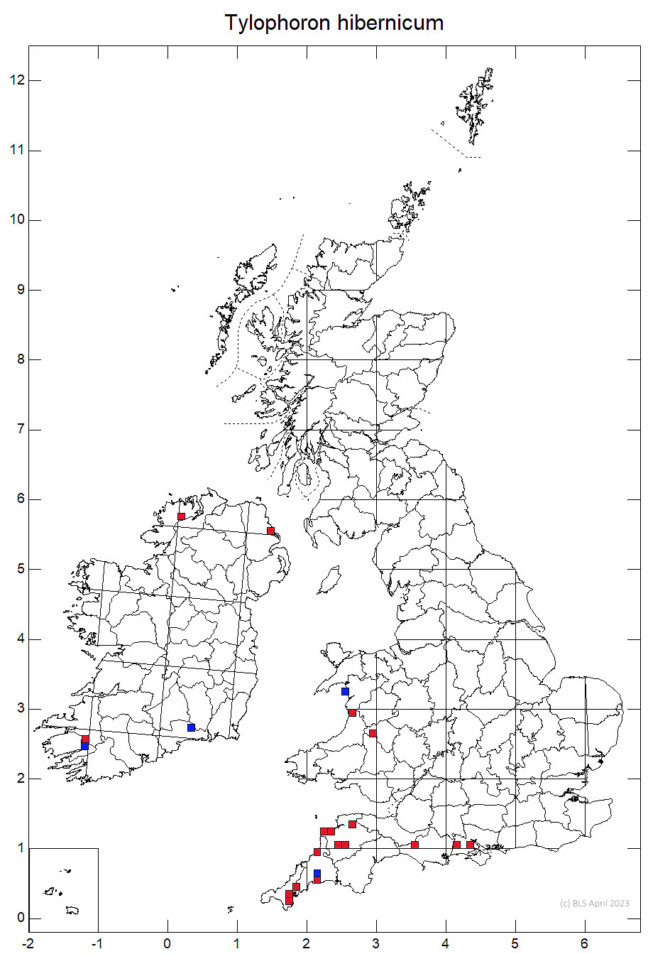 Tylophoron hibernicum 10km sq distribution map