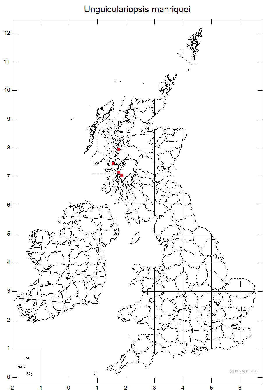 Unguiculariopsis manriquei 10km sq distribution map