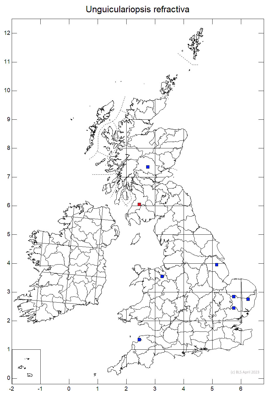 Unguiculariopsis refractiva 10km distribution map
