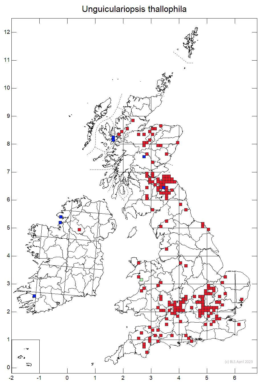 Unguiculariopsis thallophila 10km sq distribution map