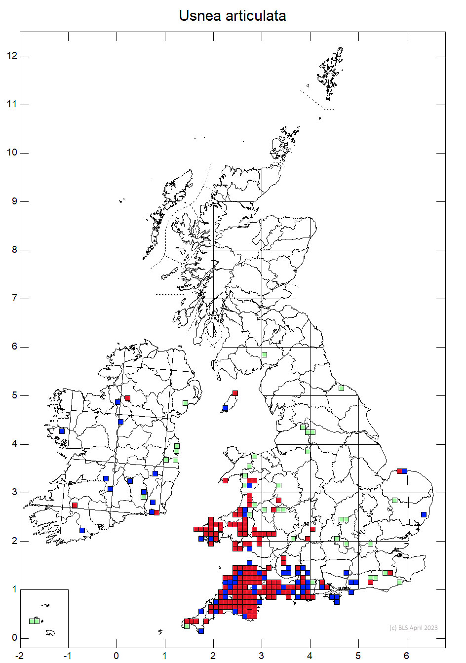 Usnea articulata 10km distribution map