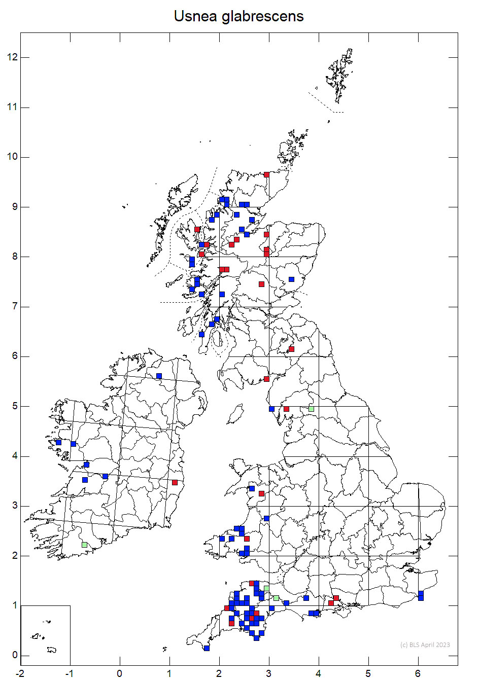 Usnea glabrescens 10km sq distribution map