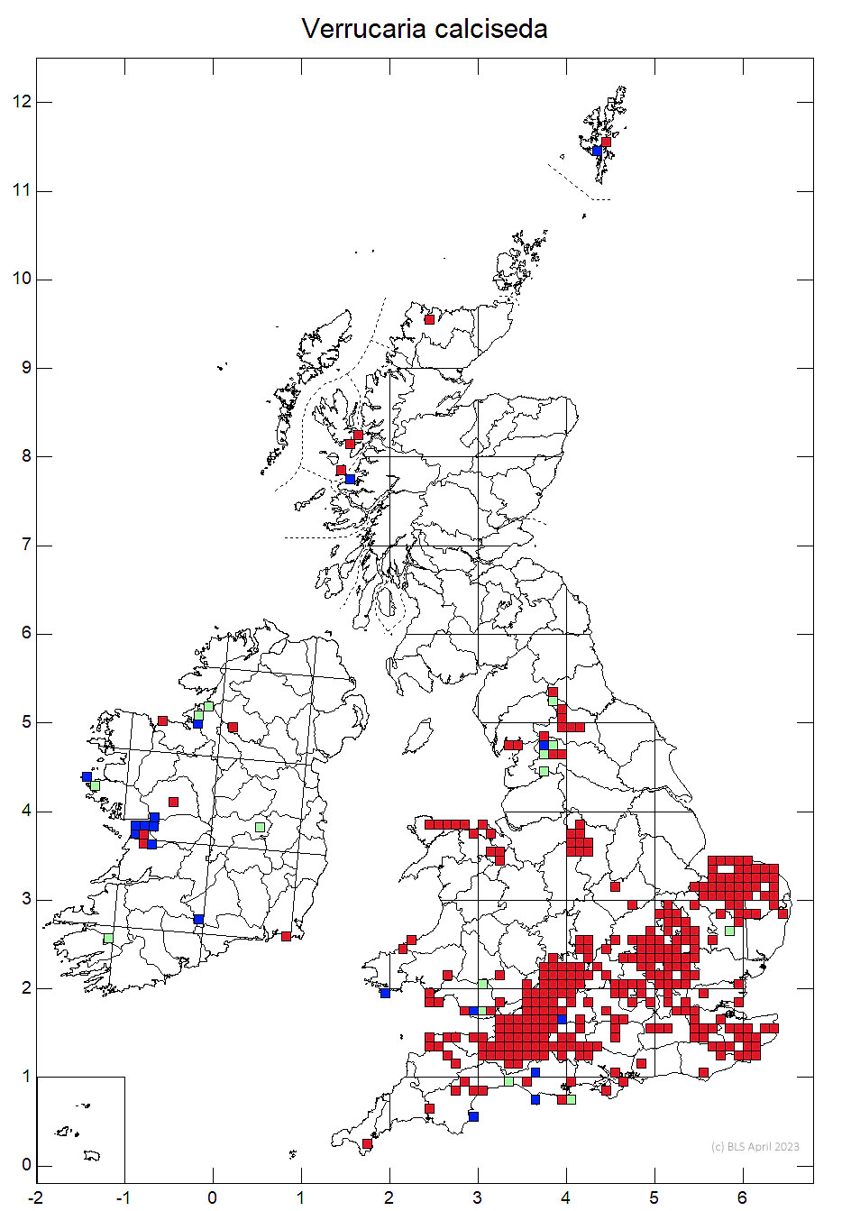 Verrucaria calciseda 10km sq distribution map