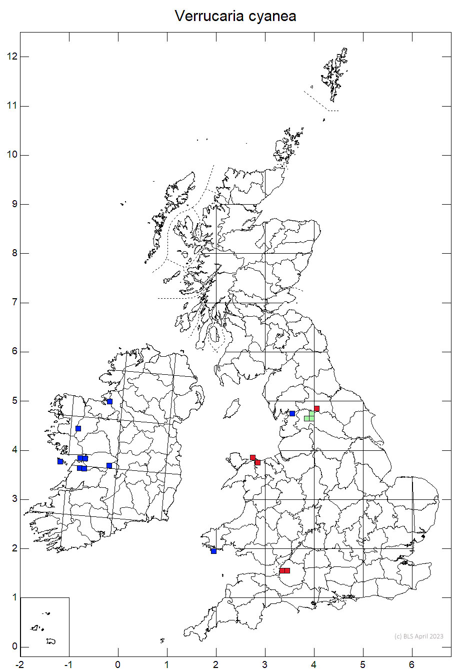 Verrucaria cyanea 10km sq distribution map