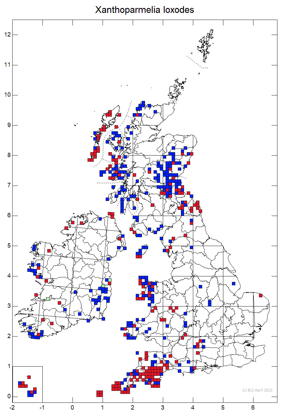Xanthoparmelia loxodes 10km sq distribution map