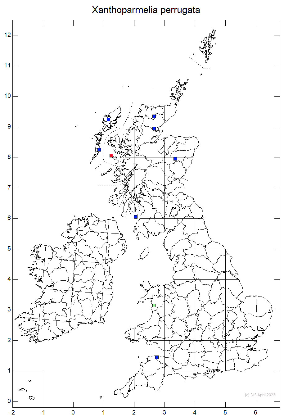 Xanthoparmelia perrugata 10km sq distribution map