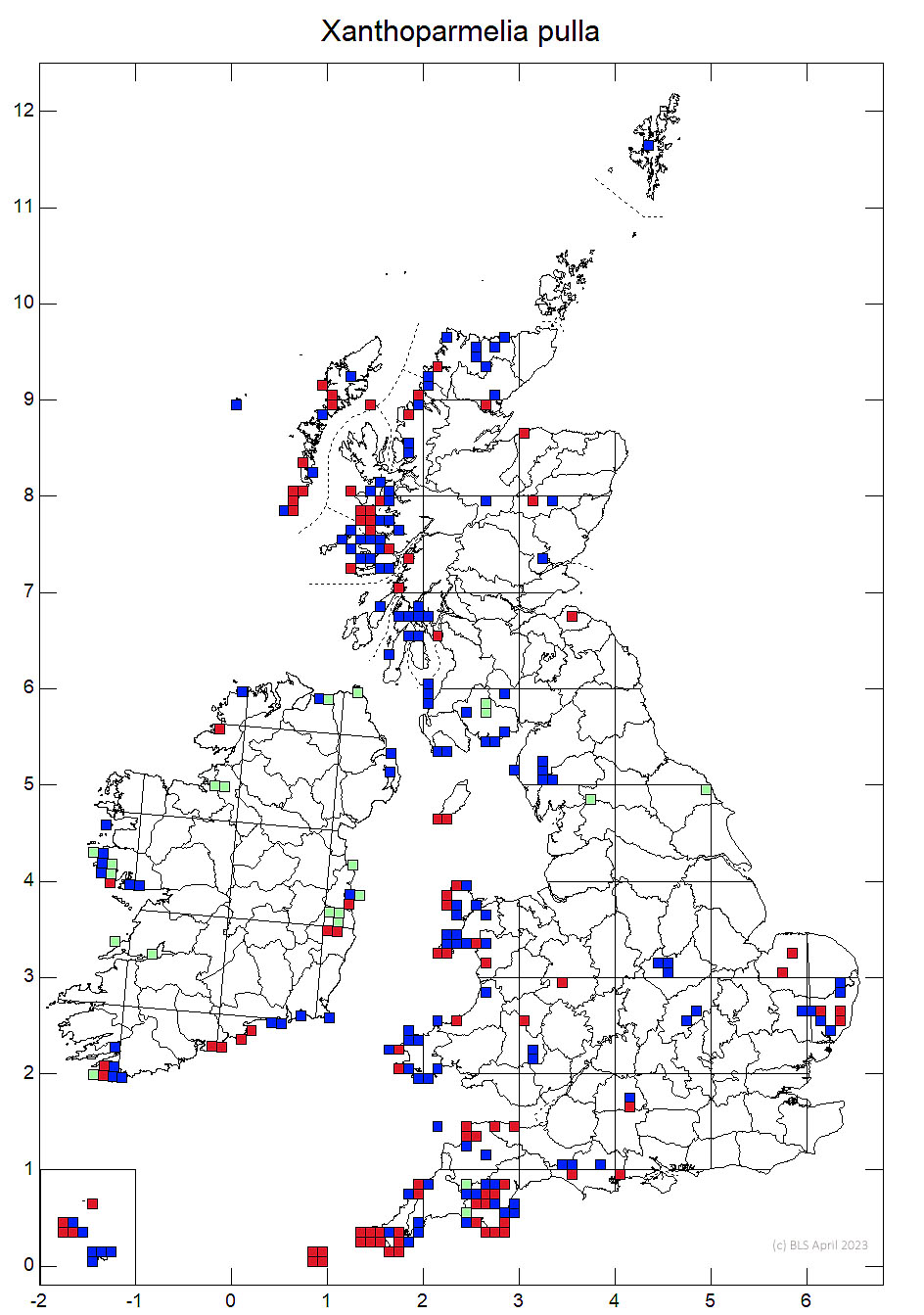 Xanthoparmelia pulla 10km sq distribution map