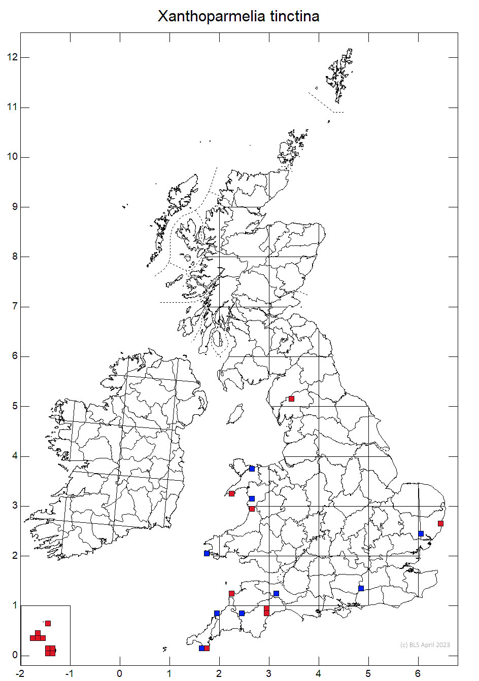 Xanthoparmelia tinctina 10km sq distribution map