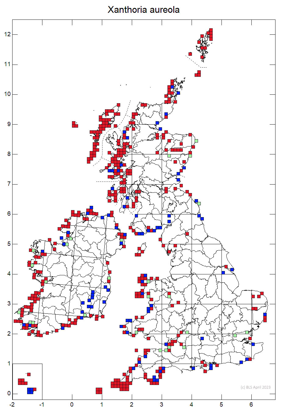 Xanthoria aureola 10km sq distribution map