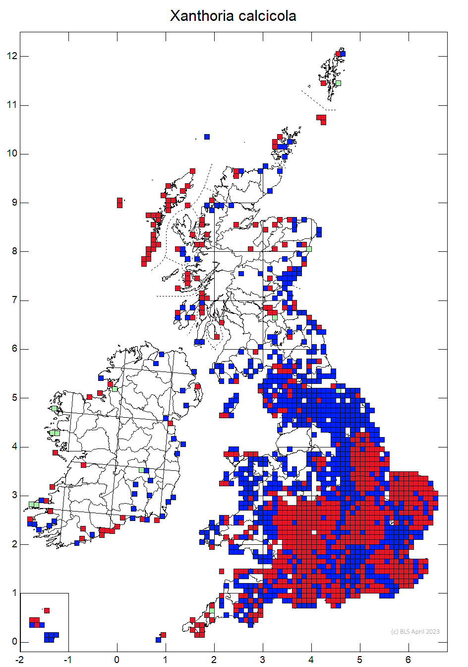 Xanthoria calcicola 10km sq distribution map