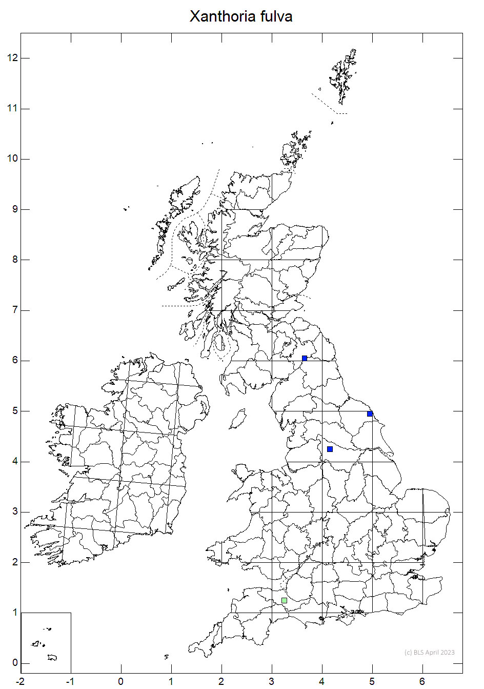 Xanthoria fulva 10km sq distribution map