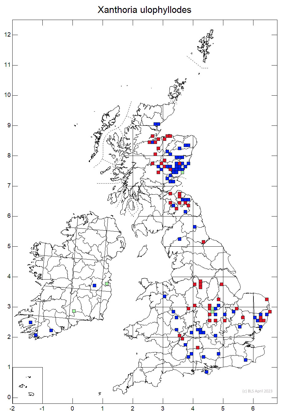 Xanthoria ulophyllodes 10km sq distribution map