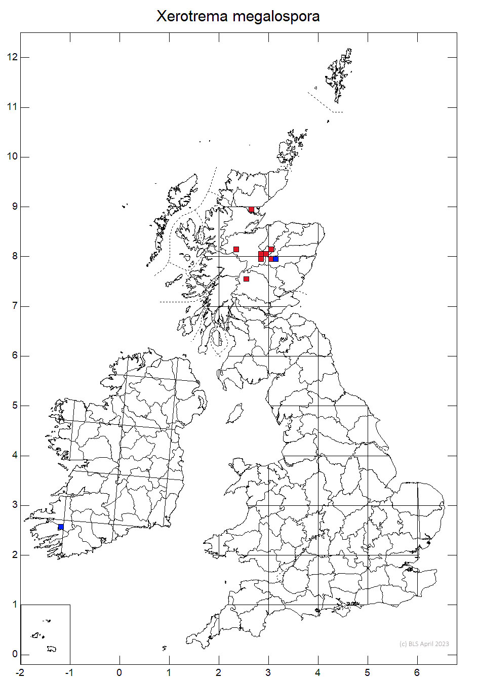Xerotrema megalospora 10km sq distribution map