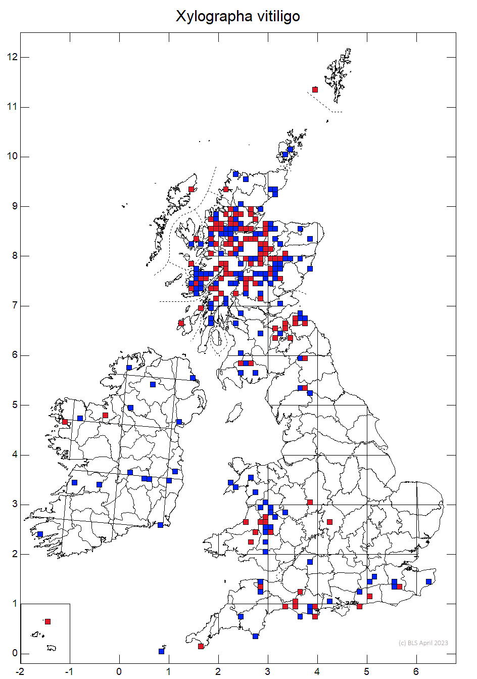 Xylographa vitiligo 10km sq distribution map