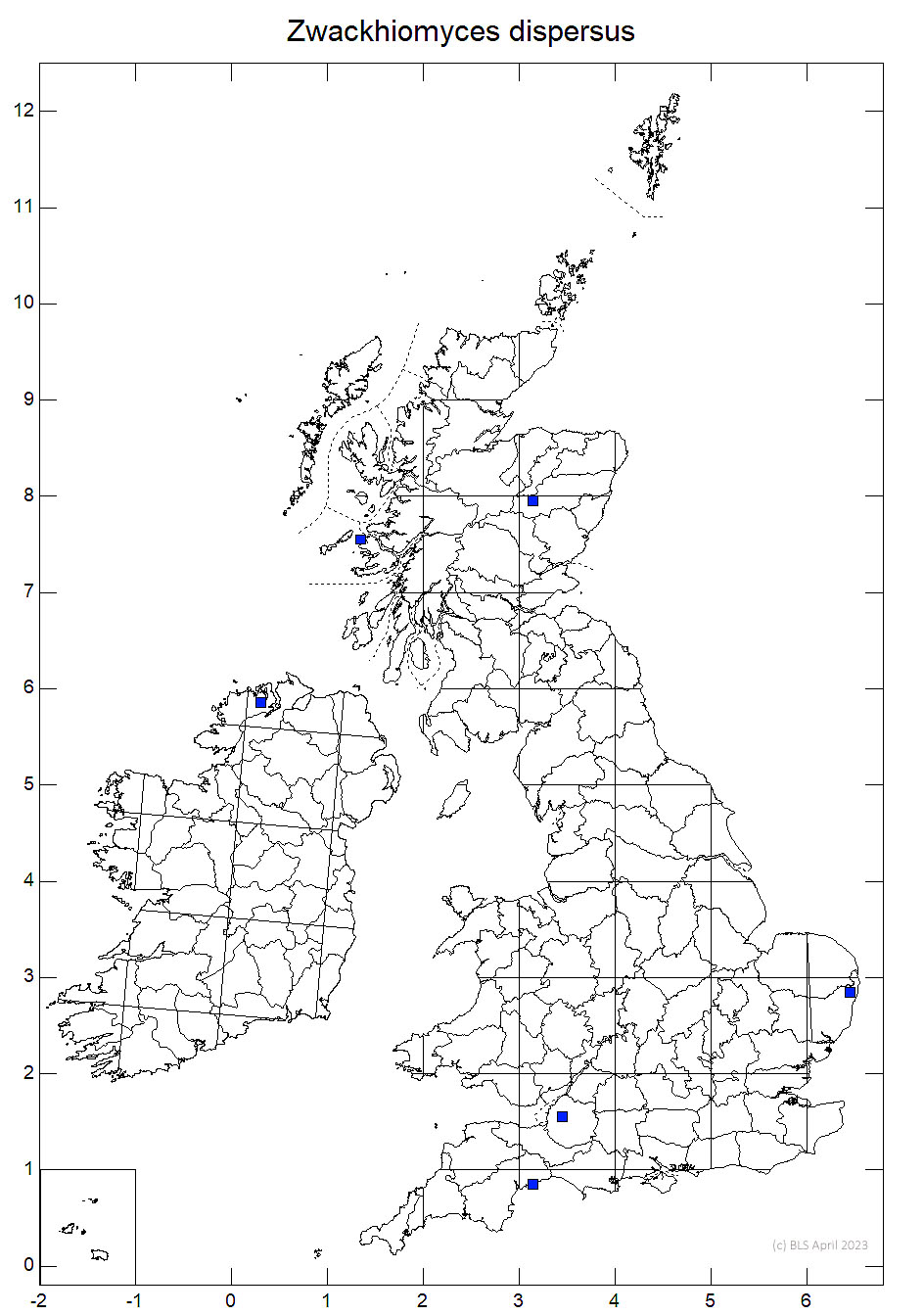 Zwackhiomyces dispersus 10km sq distribution map