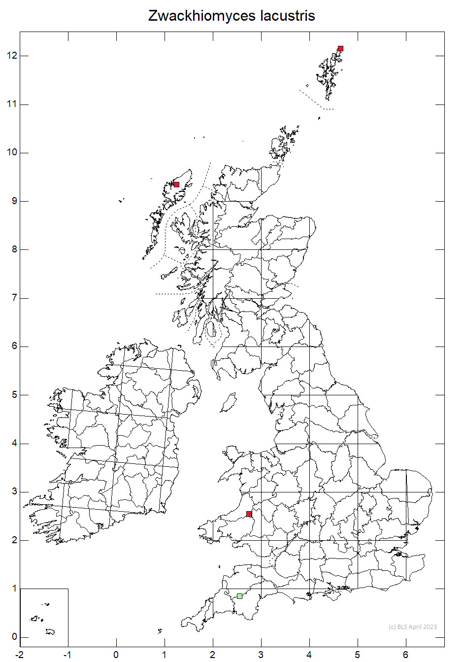 Zwackhiomyces lacustris 10km sq distribution map