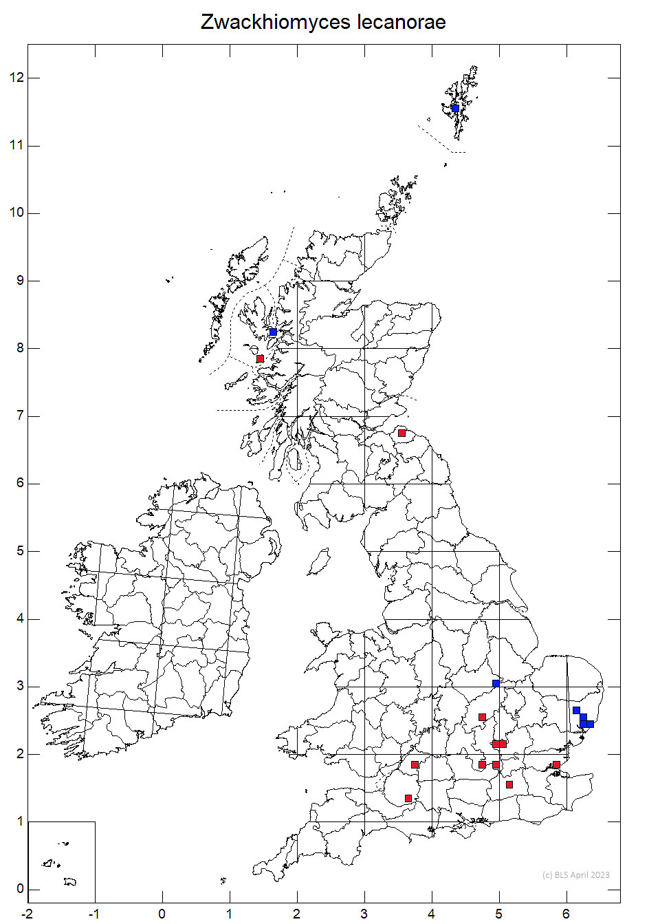 Zwackhiomyces lecanorae 10km sq distribution map