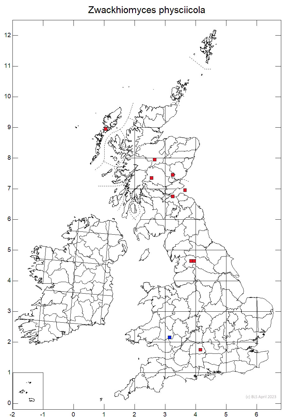 Zwackhiomyces physciicola 10km distribution map